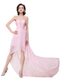 Vestidos de dama de honor de gasa rosa con escote corazón, corte en A y bajo asimétrico.
