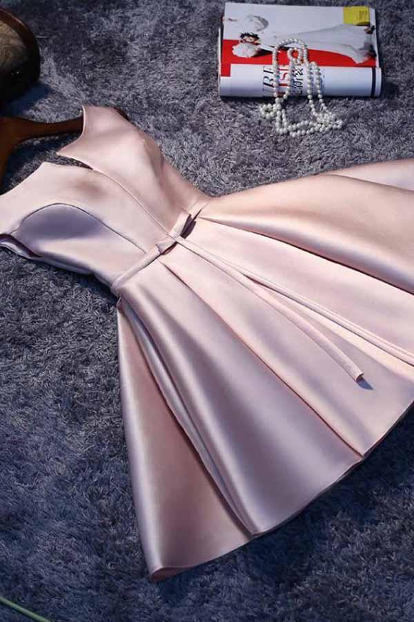 Robe de soirée courte en satin rose à lacets, coupe trapèze, référence PD046