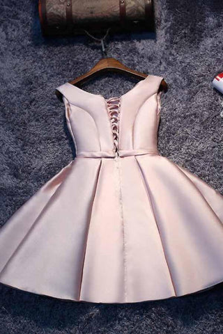 Robe de soirée courte en satin rose à lacets, coupe trapèze, référence PD046