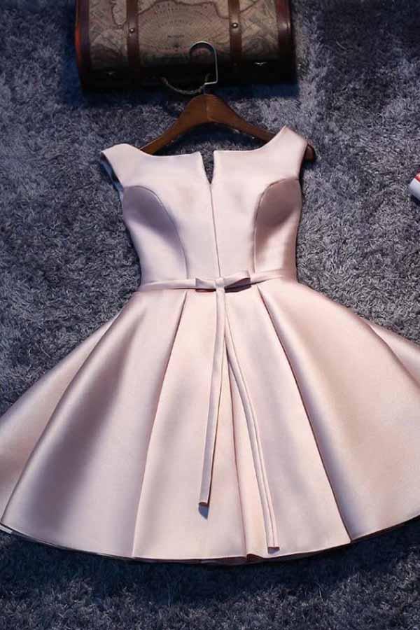 Robe de soirée courte en satin rose à lacets, coupe trapèze, référence PD046