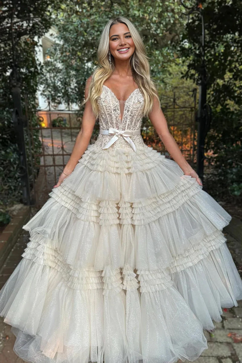 Vestidos largos de fiesta rosas de corte A con volantes de tul, hombros descubiertos y lazo