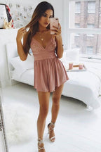 Robe de bal courte en mousseline rose et dentelle à fines bretelles PD254