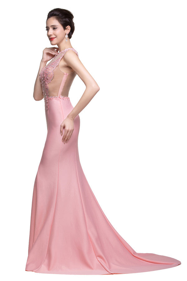 Robe de bal sirène rose à col rond et manches balayées, ornée de perles d'imitation