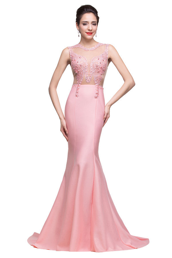 Robe de bal sirène rose à col rond et manches balayées, ornée de perles d'imitation