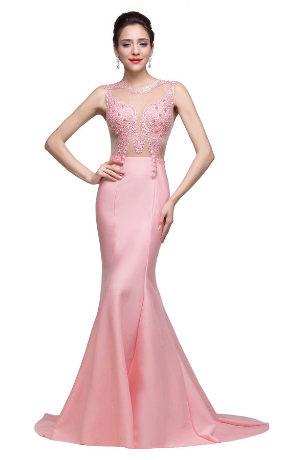 Robe de bal sirène rose à col rond et manches balayées, ornée de perles d'imitation