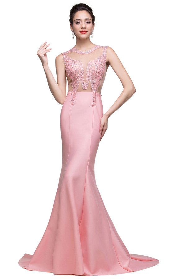 Robe de bal sirène rose à col rond et manches balayées, ornée de perles d'imitation
