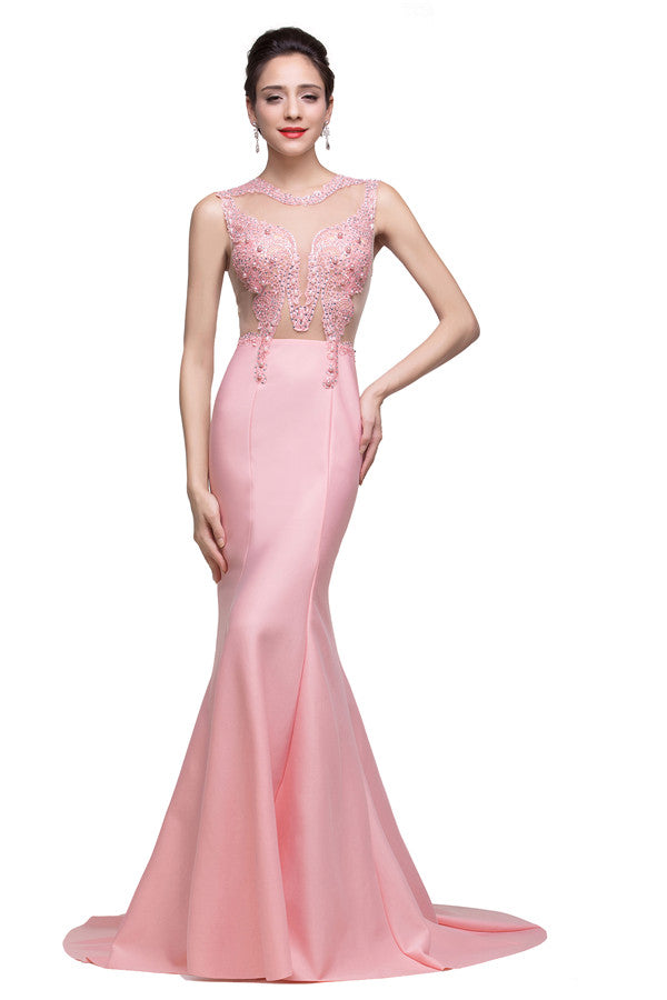 Robe de bal sirène rose à col rond et manches balayées, ornée de perles d'imitation