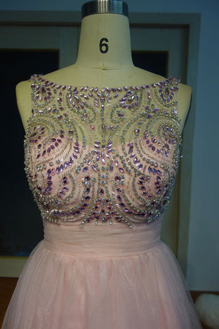 Vestidos de fiesta cortos sin mangas con escote redondo y corte en A con cuentas de cristal rosa