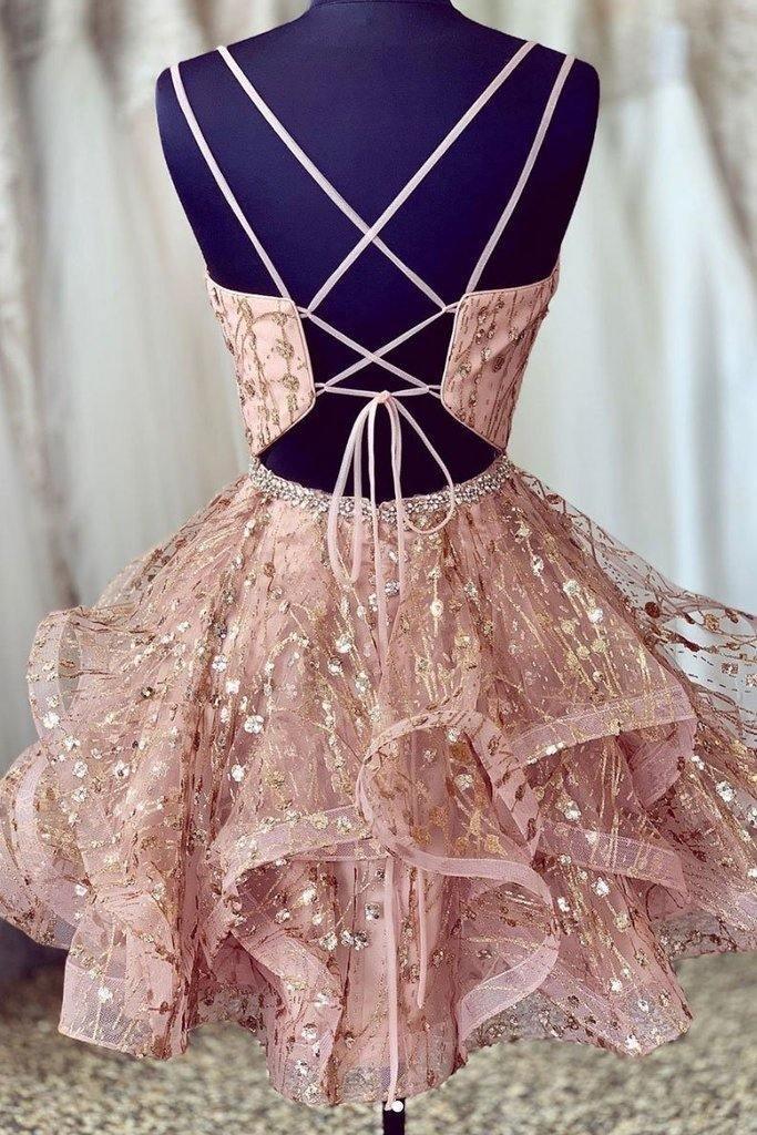 Vestido corto de fiesta rosa con escote en V profundo y lentejuelas PD426