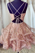 Vestido corto de fiesta rosa con escote en V profundo y lentejuelas PD426