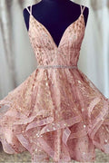 Vestido corto de fiesta rosa con escote en V profundo y lentejuelas PD426
