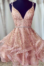 Vestido corto de fiesta rosa con escote en V profundo y lentejuelas PD426