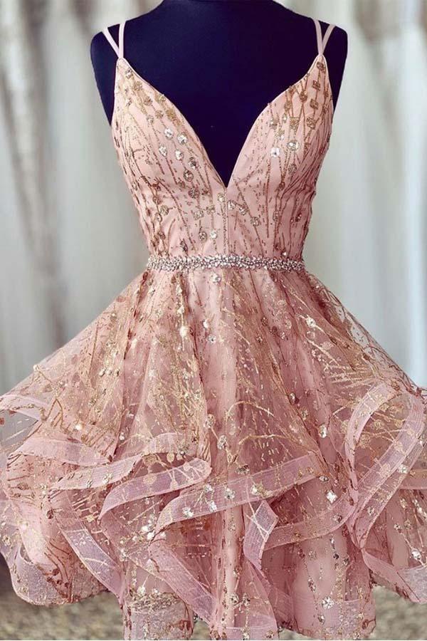 Vestido corto de fiesta rosa con escote en V profundo y lentejuelas PD426