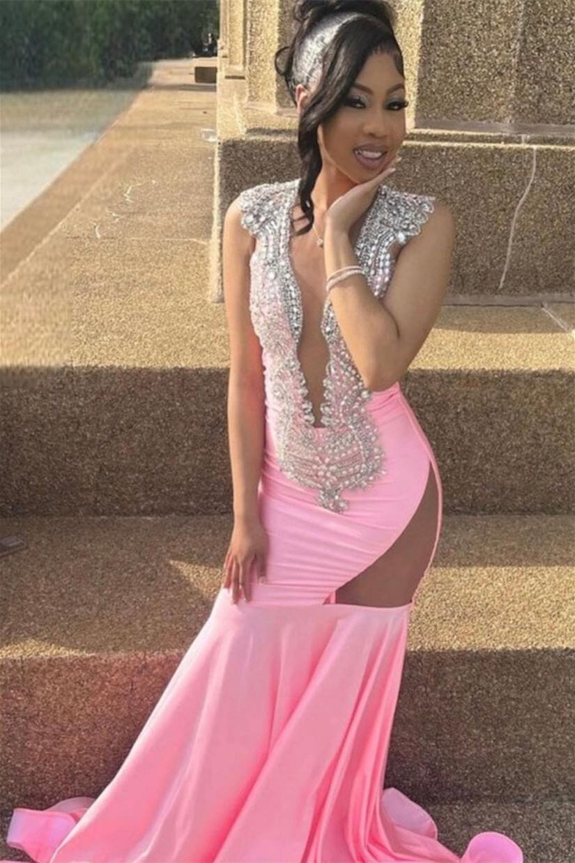 Pink Deep V Neck Sleeveless Mermaid Prom Dresses With Beadings