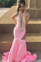 Pink Deep V Neck Sleeveless Mermaid Prom Dresses With Beadings