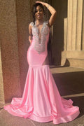 Pink Deep V Neck Sleeveless Mermaid Prom Dresses With Beadings