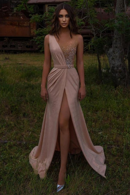 Robes de soirée roses longues à col en V | Robes de bal à paillettes