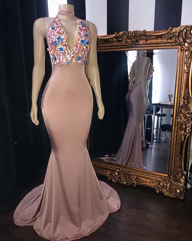 Vestidos largos de sirena con apliques de flores rosas para baile de graduación, glamurosos vestidos de noche sin mangas con escote en V
