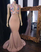 Vestidos largos de sirena con apliques de flores rosas para baile de graduación, glamurosos vestidos de noche sin mangas con escote en V