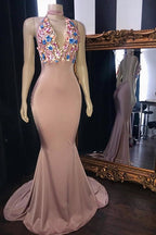 Vestidos largos de sirena con apliques de flores rosas para baile de graduación, glamurosos vestidos de noche sin mangas con escote en V