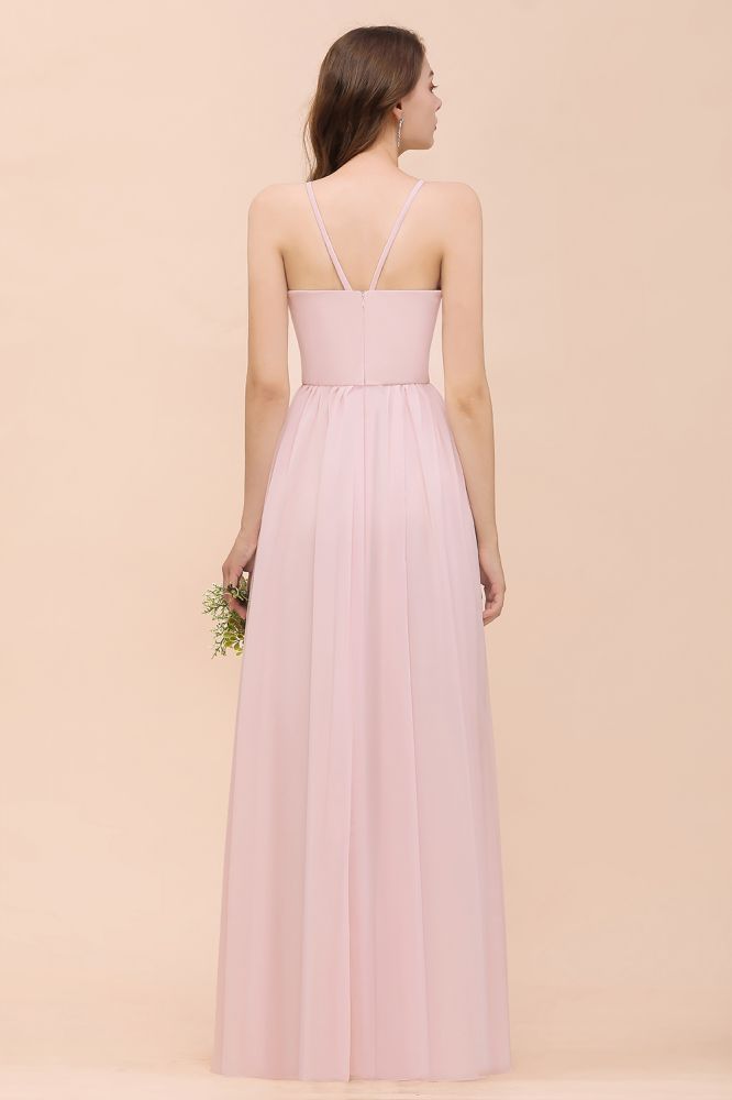 Vestido rosa para dama de honor, estilo halter, largo hasta el suelo, de gasa, ideal para bodas en la playa o fiestas.
