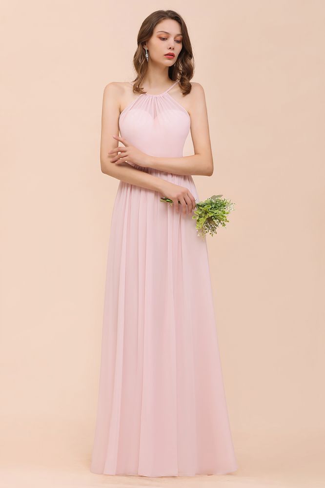 Vestido rosa para dama de honor, estilo halter, largo hasta el suelo, de gasa, ideal para bodas en la playa o fiestas.