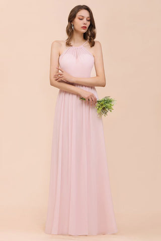Pink Girls Bridesmaid Dress Halter Floor Length Chiffon Beach Wedding Party Dress