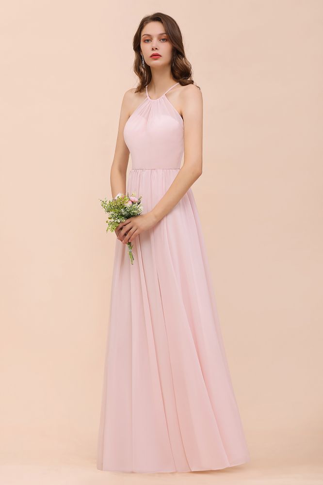 Vestido rosa para dama de honor, estilo halter, largo hasta el suelo, de gasa, ideal para bodas en la playa o fiestas.