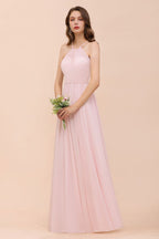 Vestido rosa para dama de honor, estilo halter, largo hasta el suelo, de gasa, ideal para bodas en la playa o fiestas.