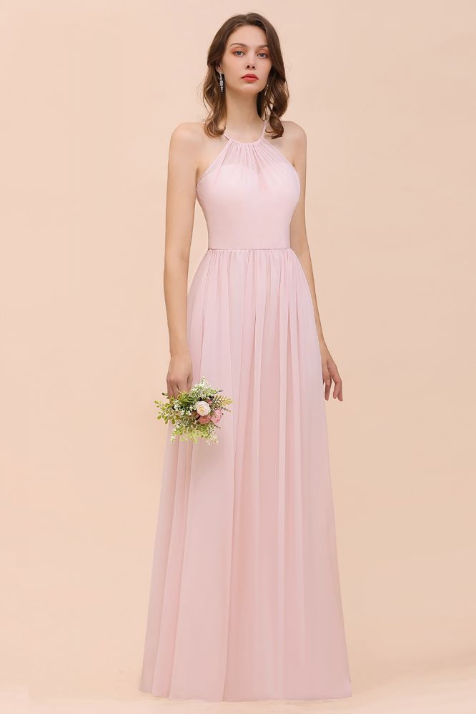 Vestido rosa para dama de honor, estilo halter, largo hasta el suelo, de gasa, ideal para bodas en la playa o fiestas.