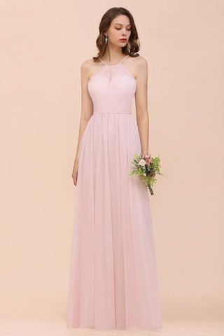 Pink Girls Bridesmaid Dress Halter Floor Length Chiffon Beach Wedding Party Dress