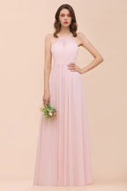 Vestido rosa para dama de honor, estilo halter, largo hasta el suelo, de gasa, ideal para bodas en la playa o fiestas.