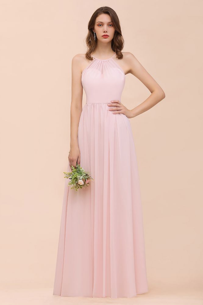 Vestido rosa para dama de honor, estilo halter, largo hasta el suelo, de gasa, ideal para bodas en la playa o fiestas.