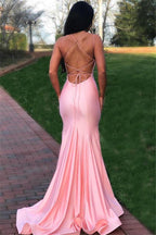 Pink Glamorous Spaghetti-Strapss Criss Cross Mermaid Prom Dresses
