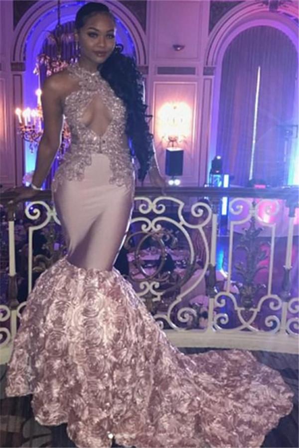 Pink Lace Party Dresses Mermaid Evening Gowns With Bottom Flowers