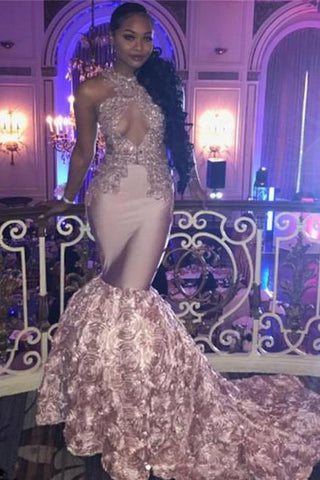 Vestidos de fiesta de encaje rosa, vestidos de noche estilo sirena con flores en la parte inferior