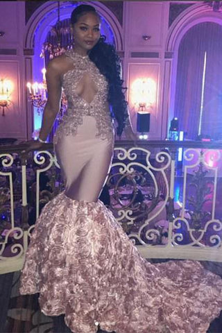 Vestidos de fiesta de encaje rosa, vestidos de noche estilo sirena con flores en la parte inferior