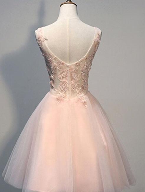 Robe de soirée courte en dentelle rose avec appliques en dentelle, coupe trapèze, en tulle 
