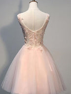 Robe de soirée courte en dentelle rose avec appliques en dentelle, coupe trapèze, en tulle 