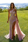 Vestido largo de noche sexy sin mangas de encaje rosa con brillo
