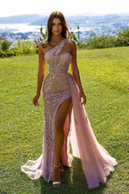 Pink Long Mermaid One Shoulder Sequins Prom Dress with Slit