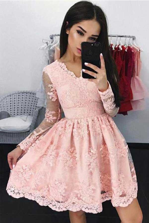 Robe courte rose à manches longues en dentelle pour bal de promo/fête PD103