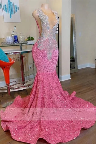 Pink Scoop Sleeveless Mermaid Prom Dresses With Sequins Beadings