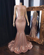Vestidos de fiesta de sirena con lentejuelas rosas, vestidos largos de noche de tul sin espalda