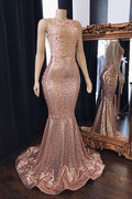 Vestidos de fiesta de sirena con lentejuelas rosas, vestidos largos de noche de tul sin espalda