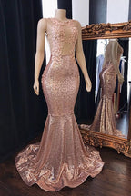 Vestidos de fiesta de sirena con lentejuelas rosas, vestidos largos de noche de tul sin espalda