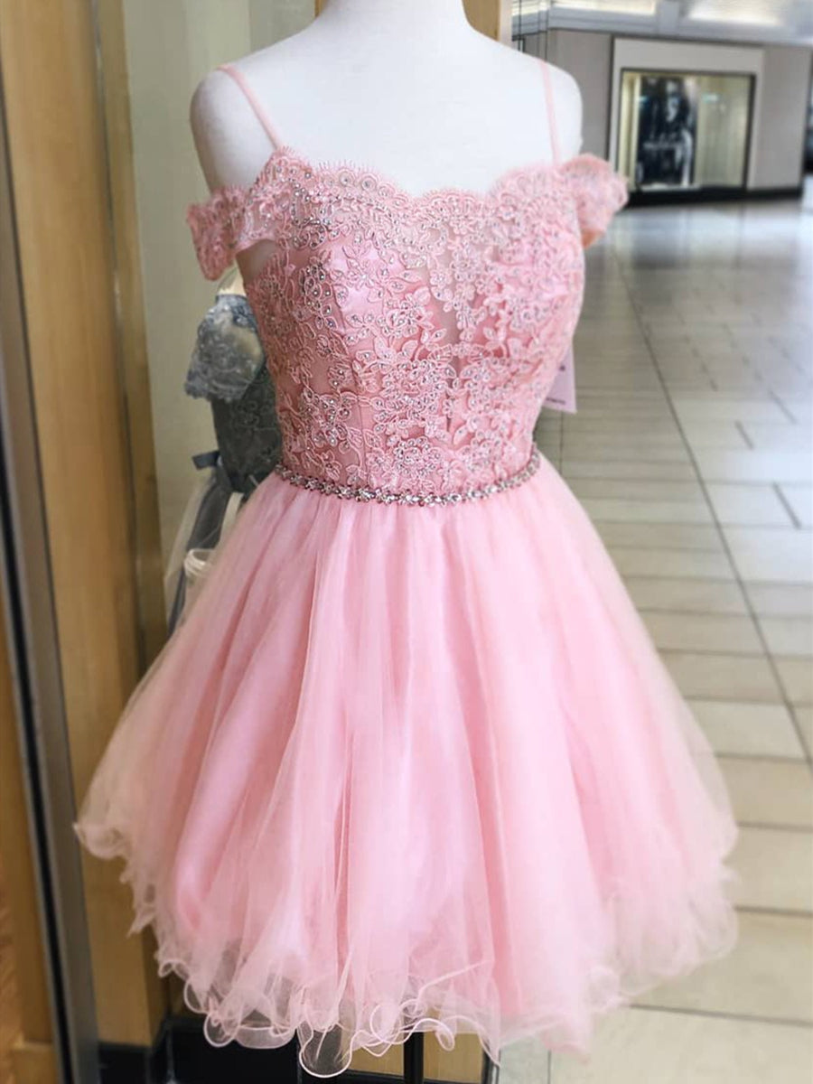 Robe de bal rose courte trapèze à épaules dénudées en tulle et dentelle