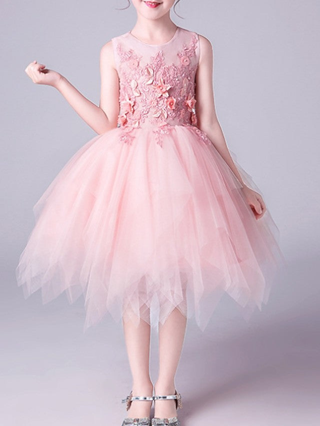 Vestidos cortos de niña de las flores de corte A, color rosa, de tul con cuello joya y corte en A para concursos de belleza.