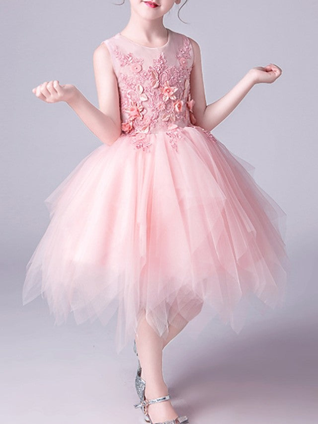 Vestidos cortos de niña de las flores de corte A, color rosa, de tul con cuello joya y corte en A para concursos de belleza.