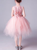Robes de demoiselle d'honneur roses courtes en tulle à col bijou, coupe trapèze, pour concours de beauté